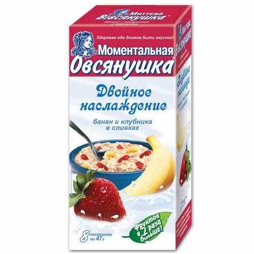 Каша «Овсянушка Двойное наслаждение» с клубникой и бананом в сливках