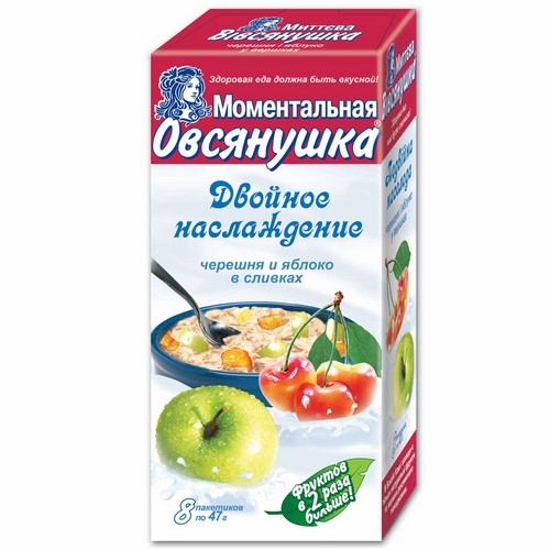 Каша «Овсянушка Двойное наслаждение» с яблоком и черешней в сливках
