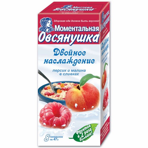 Каша «Овсянушка Двойное наслаждение» с персиком и малиной в сливках